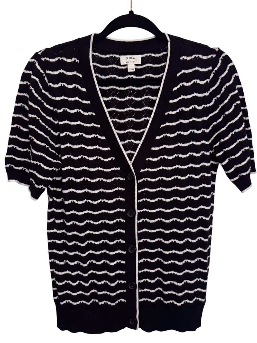 J. Crew Size Small Black White Short Sleeve Pointelle Cardigan Sweater Cotton